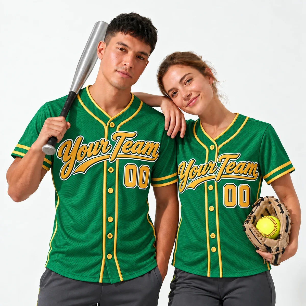 Kelly Green Gold green baseball jersey worn by a baseball player and a softball player