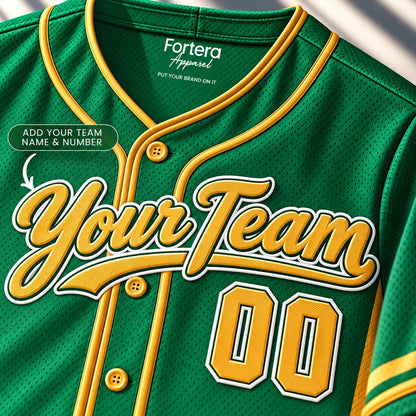 Close-up of the Kelly Green Gold green baseball jersey lettering and piping