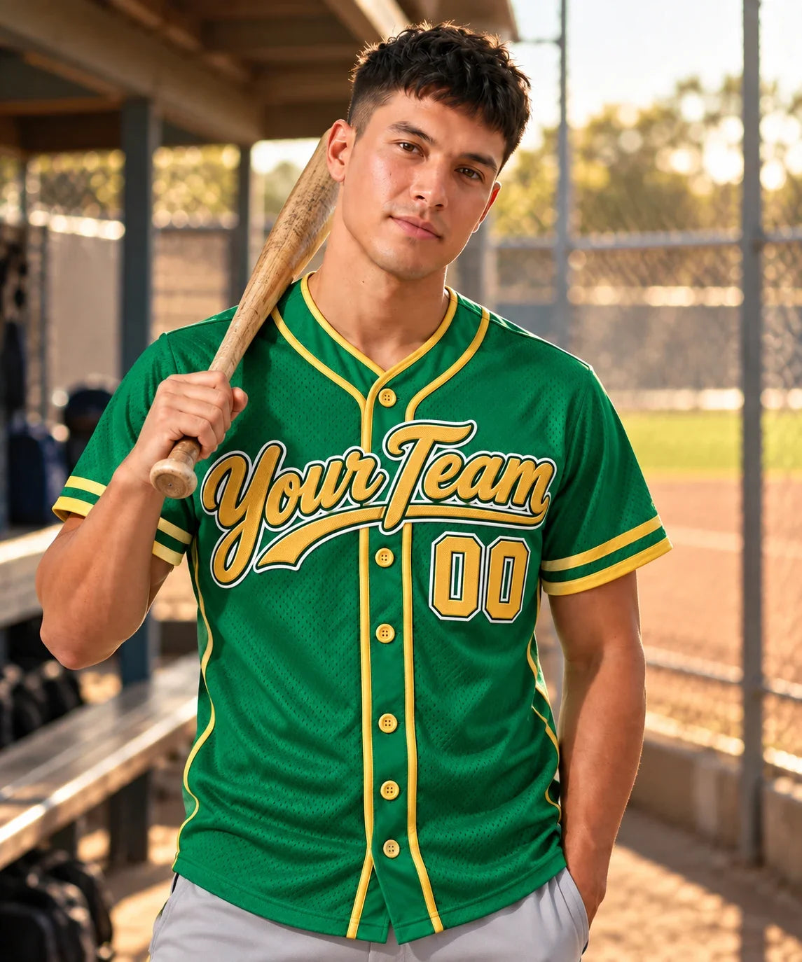 Kelly Green Gold green baseball jersey on a baseball field