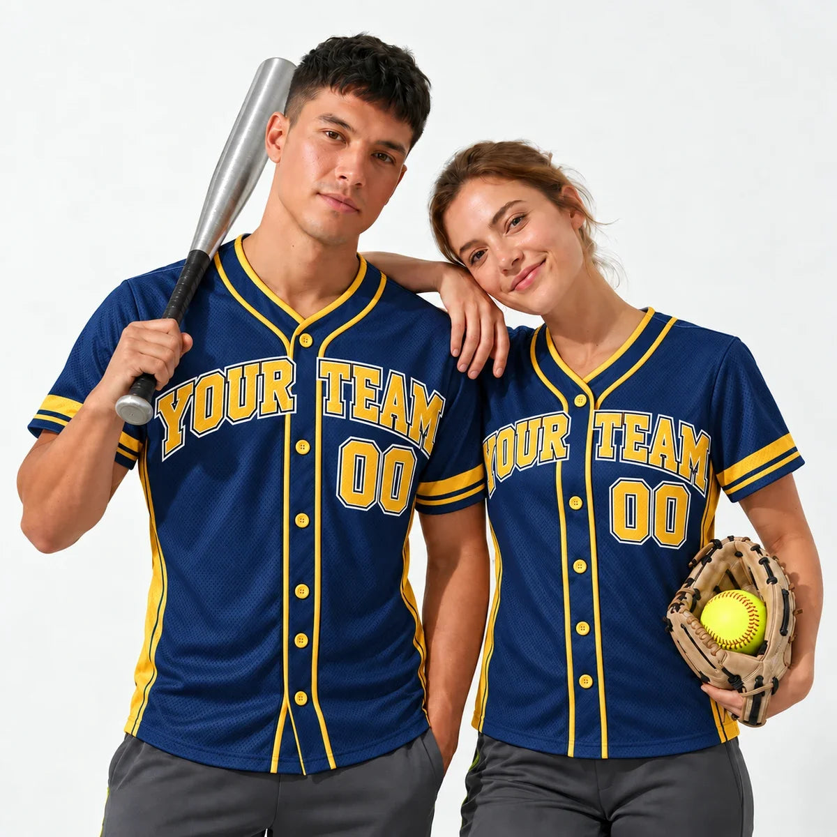 League Navy Gold adult softball jersey worn by a baseball player and a softball player
