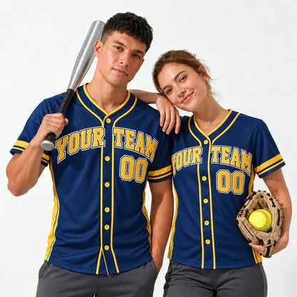 League Navy Gold adult softball jersey worn by a baseball player and a softball player