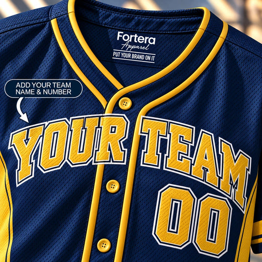 Close-up of the League Navy Gold adult softball jersey lettering and piping