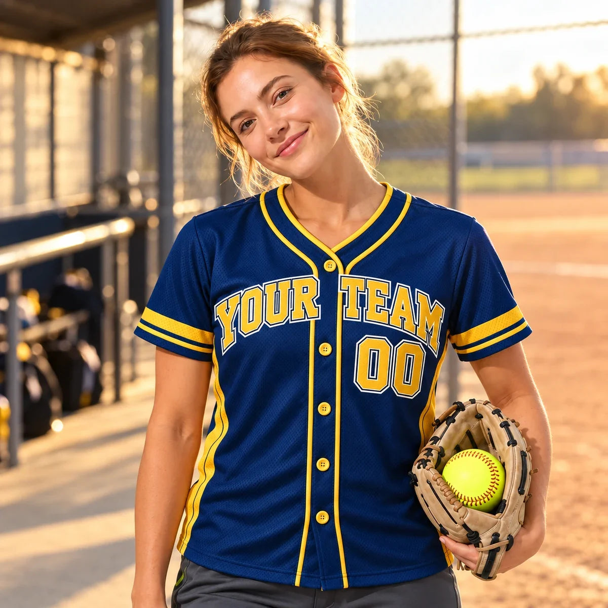 League Navy Gold adult softball jersey on a softball field