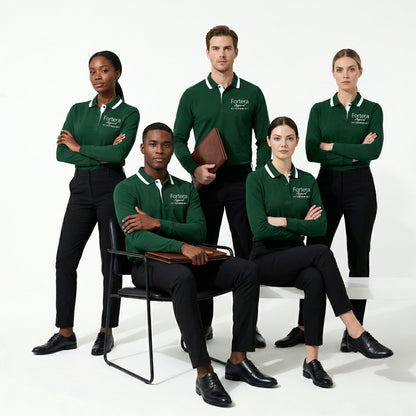 Forest green long sleeve polo shirt with white collar tipping and embroidered logo