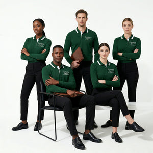 Forest green long sleeve polo shirt with white collar tipping and embroidered logo