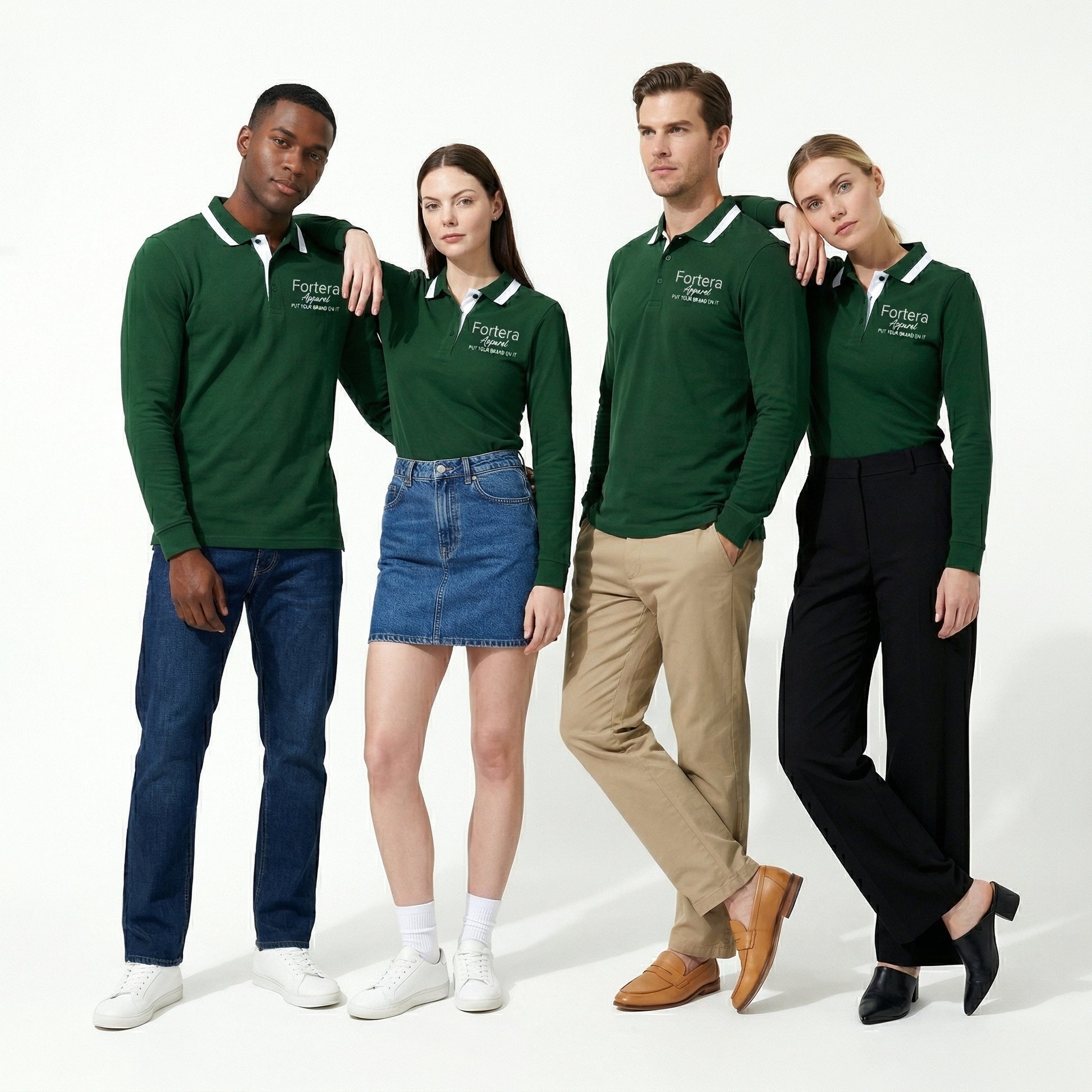 Forest green long sleeve polo shirt with white collar tipping and embroidered logo - back view