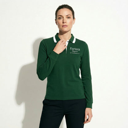 Forest green long sleeve polo shirt with white collar tipping and embroidered logo - detail close-up
