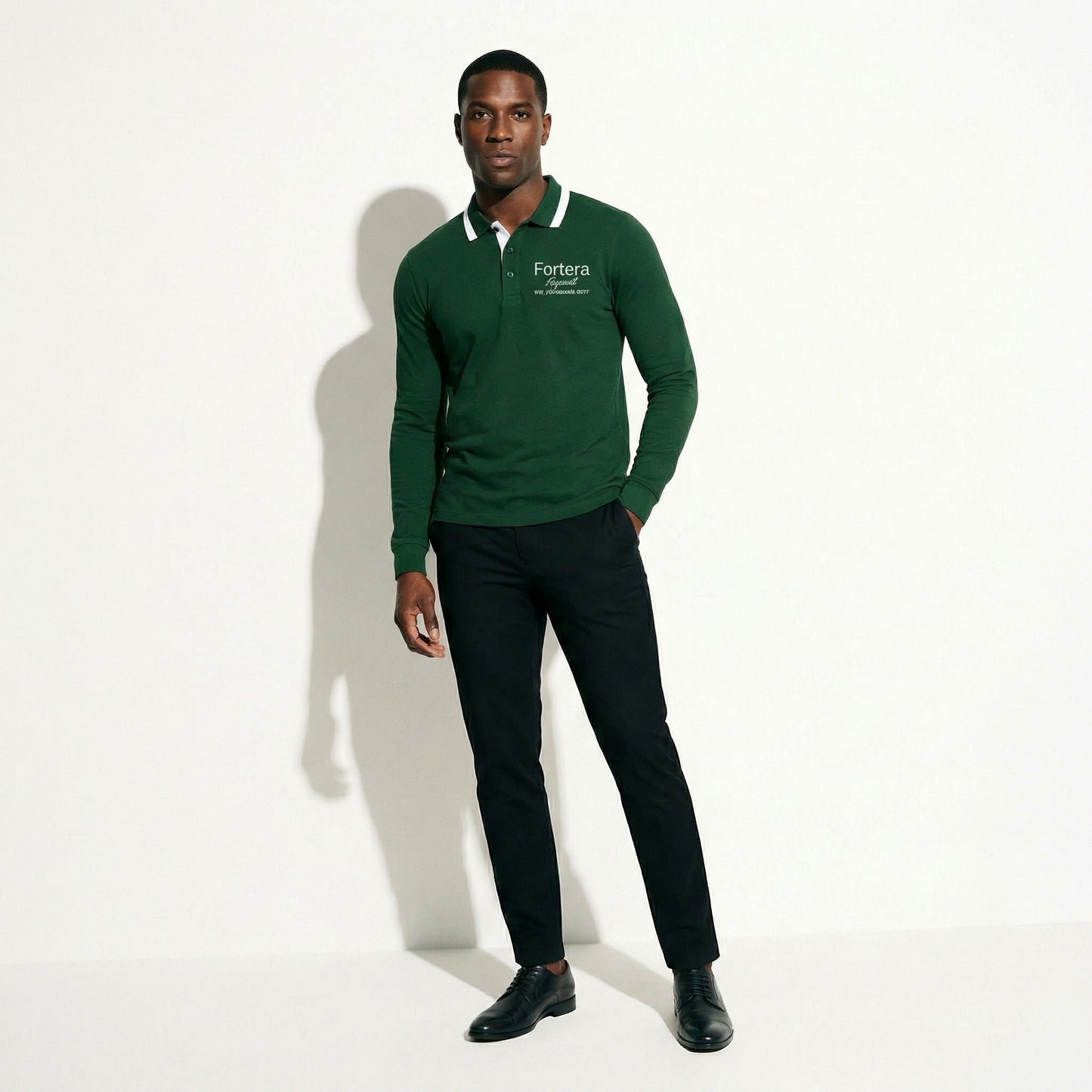 Forest green long sleeve polo shirt with white collar tipping and embroidered logo - female fit