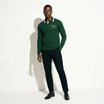 Forest green long sleeve polo shirt with white collar tipping and embroidered logo - female fit