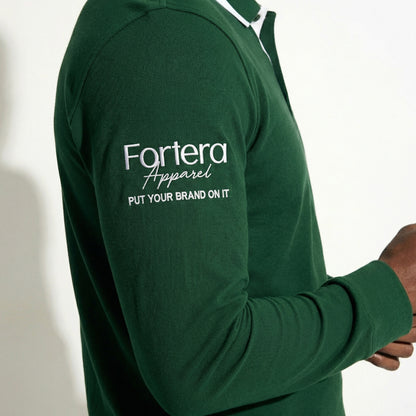 Forest green long sleeve polo shirt with white collar tipping and embroidered logo - team uniform group