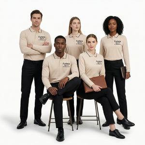 Beige long sleeve work polo shirt with embroidered logo and dark contrast tipping