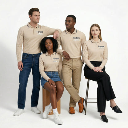Beige long sleeve work polo shirt with embroidered logo and dark contrast tipping - back view