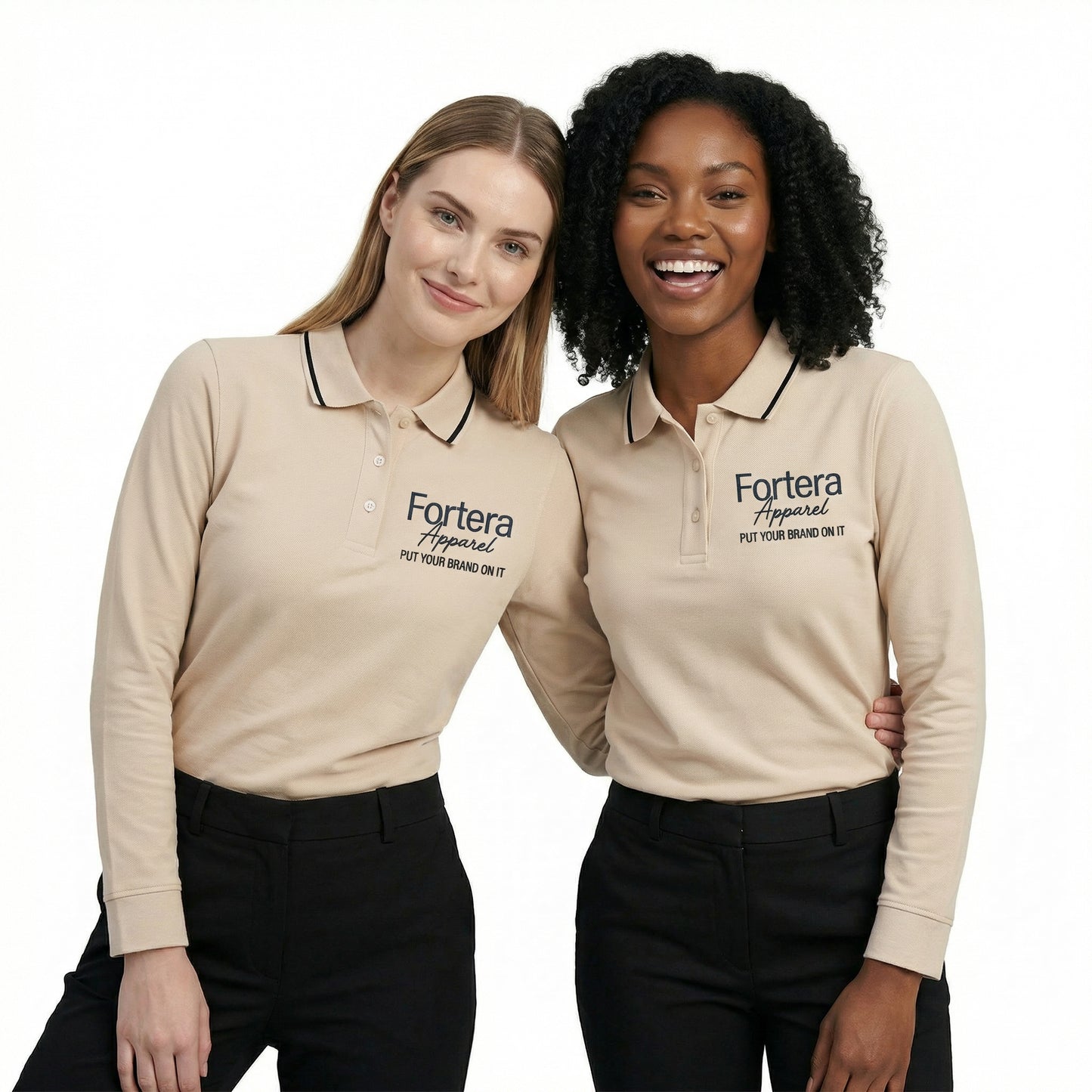 Beige long sleeve work polo shirt with embroidered logo and dark contrast tipping - side view