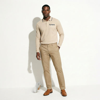 Beige long sleeve work polo shirt with embroidered logo and dark contrast tipping - female fit