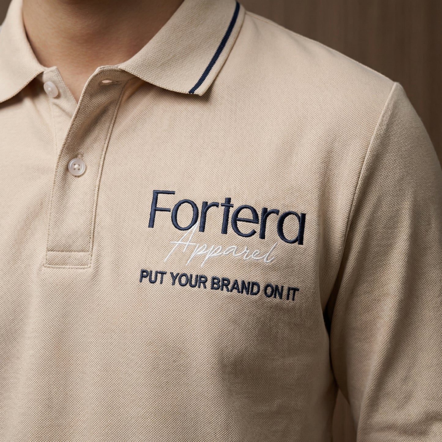 Beige long sleeve work polo shirt with embroidered logo and dark contrast tipping - male fit