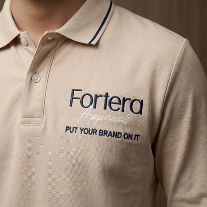 Beige long sleeve work polo shirt with embroidered logo and dark contrast tipping - male fit