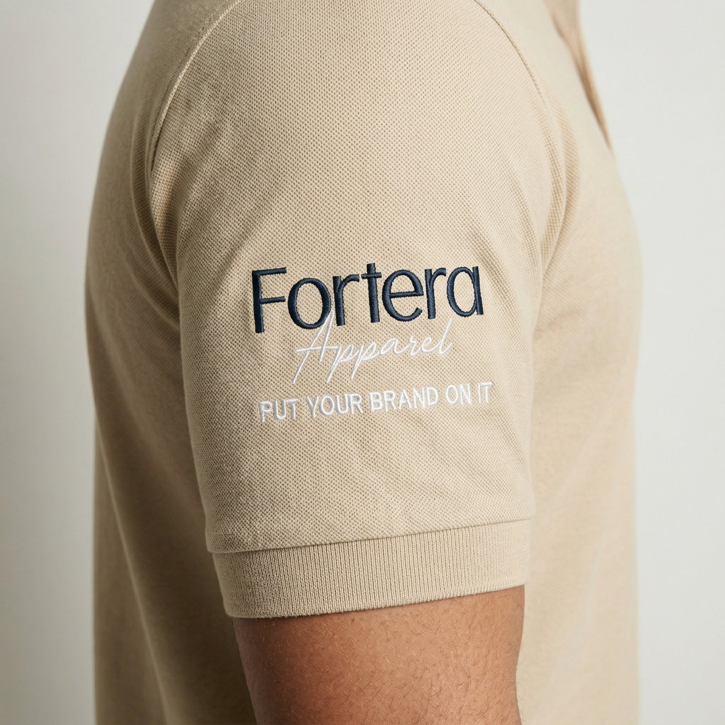 Beige long sleeve work polo shirt with embroidered logo and dark contrast tipping - team uniform group