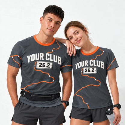 Mile Marker Marathon Shirt worn by a man and a woman