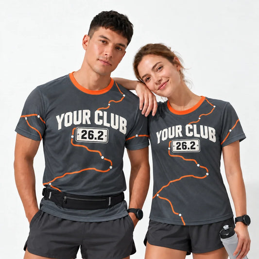 Mile Marker Marathon Shirt worn by a man and a woman