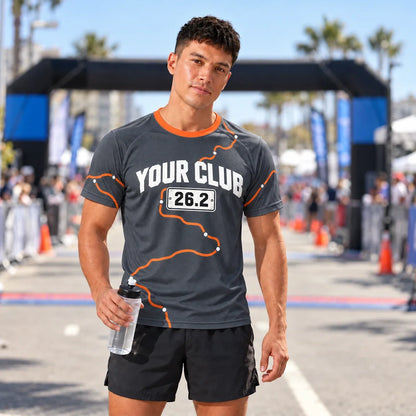 Runner wearing the Mile Marker Marathon Shirt at a race finish line