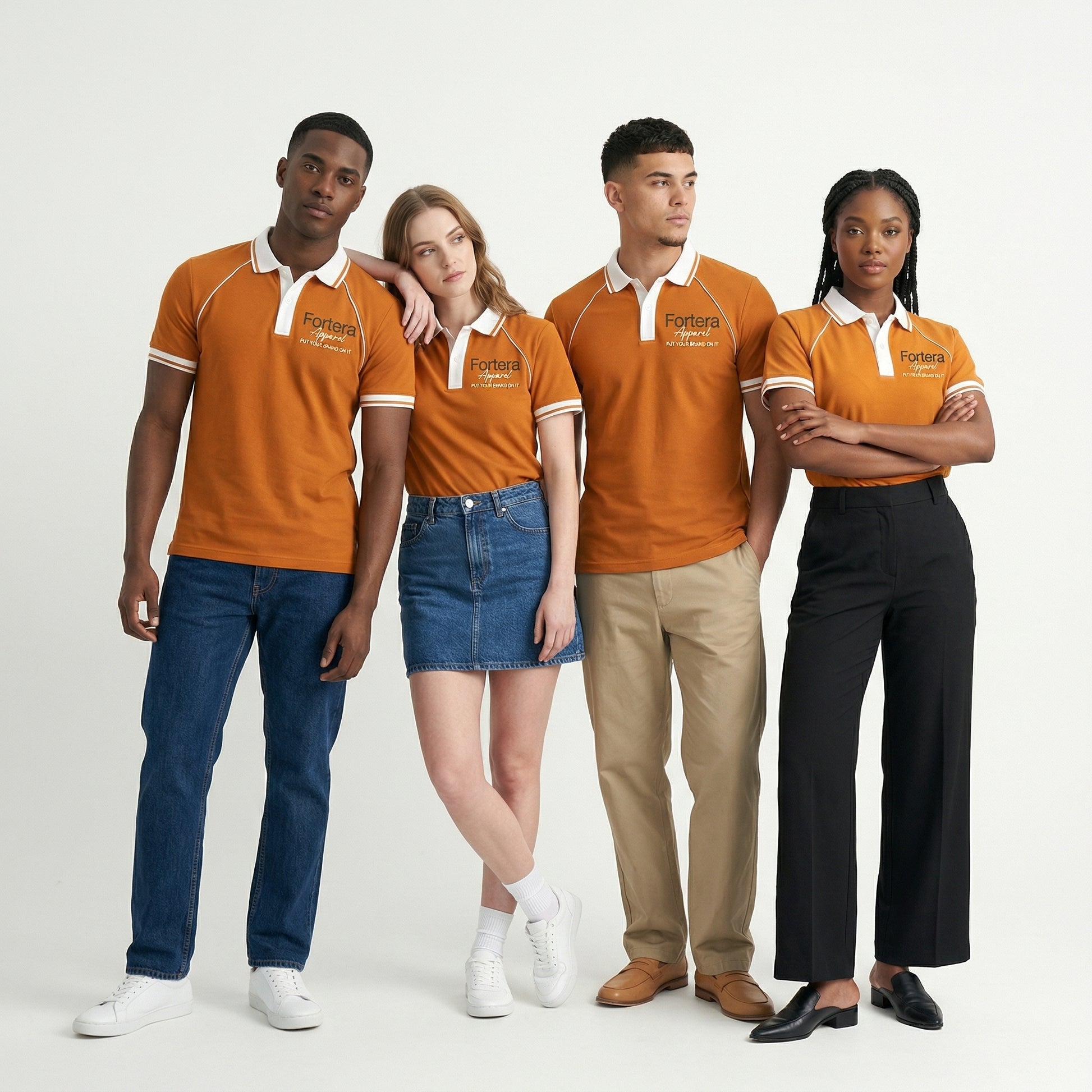 Orange moisture wicking polo uniform with white piping detail on collar and chest - back view