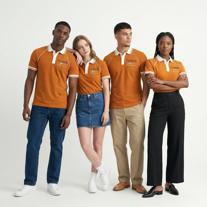 Orange moisture wicking polo uniform with white piping detail on collar and chest - back view