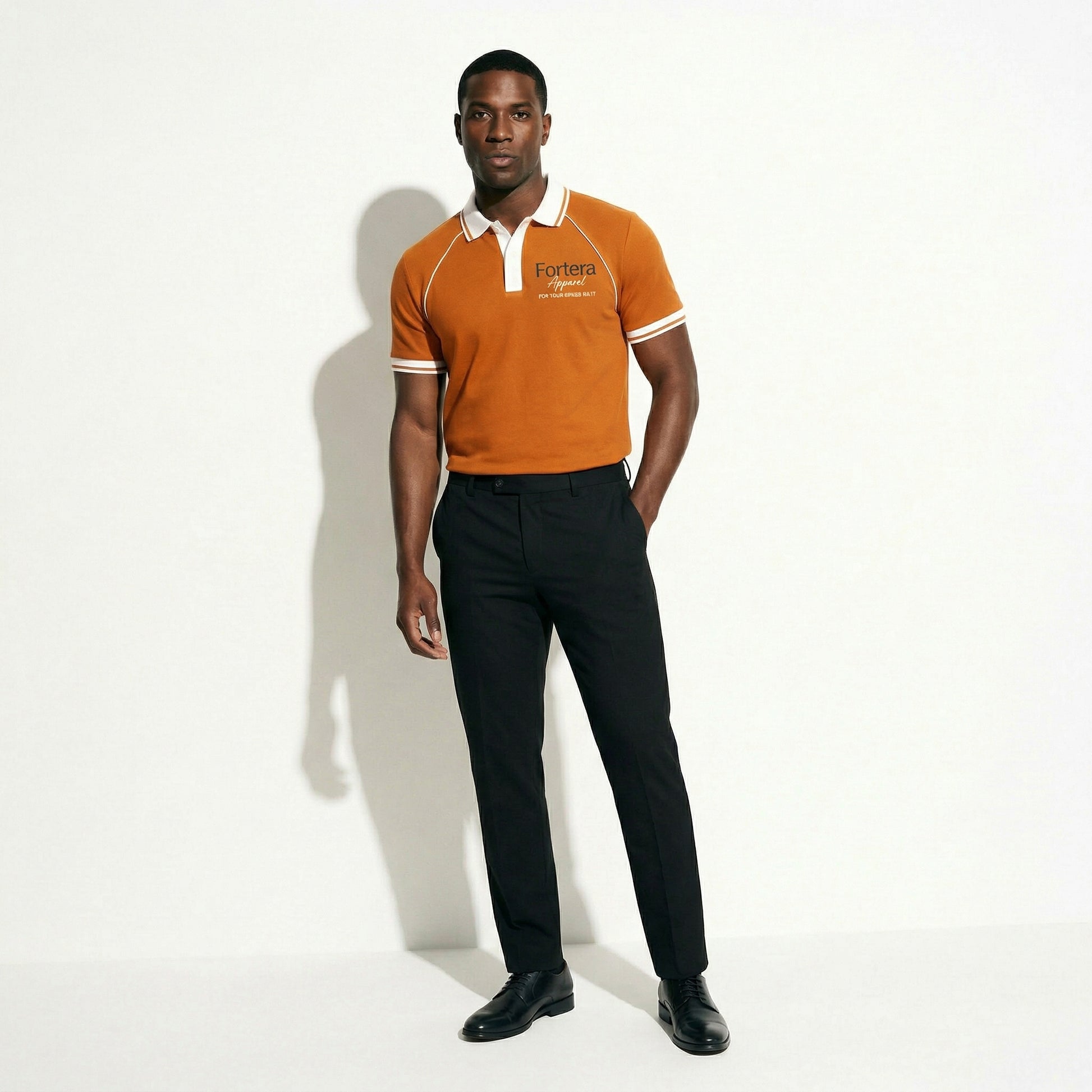Orange moisture wicking polo uniform with white piping detail on collar and chest - female fit