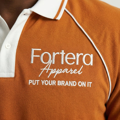 Orange moisture wicking polo uniform with white piping detail on collar and chest - male fit