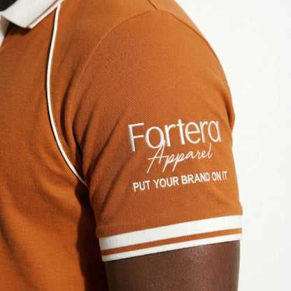 Orange moisture wicking polo uniform with white piping detail on collar and chest - team uniform group