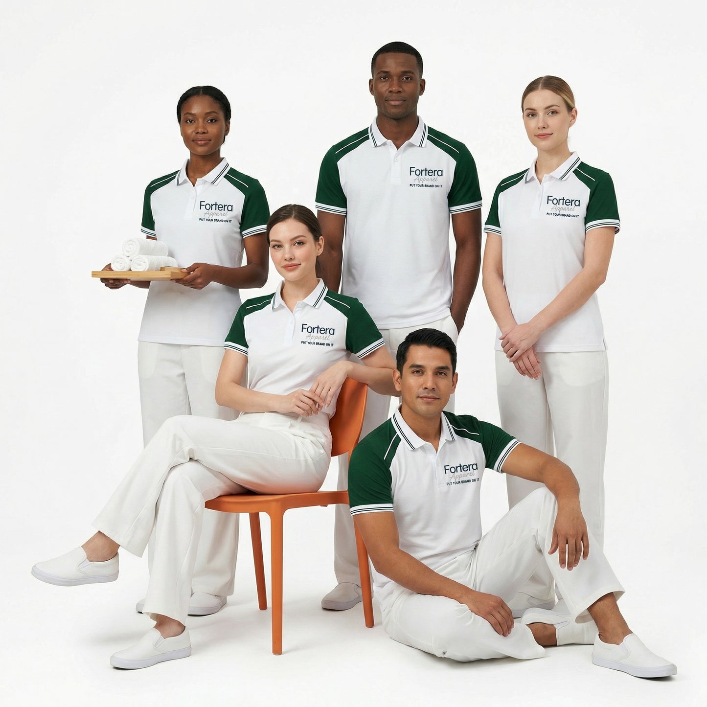 White moisture wicking polo uniform with forest green two-tone shoulder panel