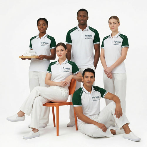 White moisture wicking polo uniform with forest green two-tone shoulder panel