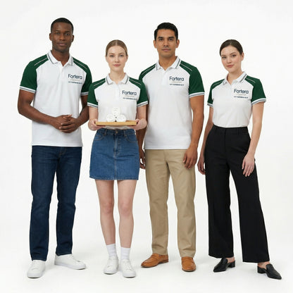White moisture wicking polo uniform with forest green two-tone shoulder panel - back view