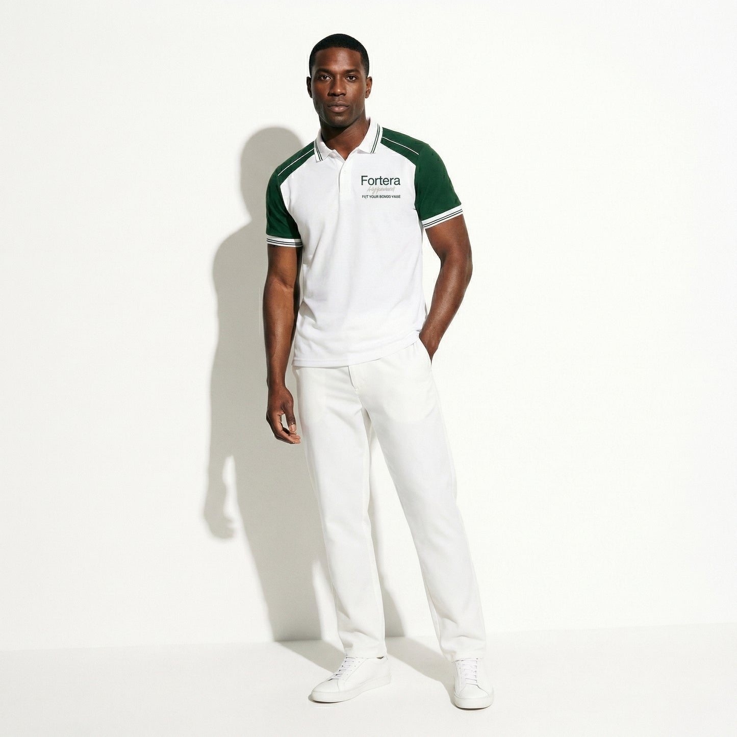 White moisture wicking polo uniform with forest green two-tone shoulder panel - detail close-up