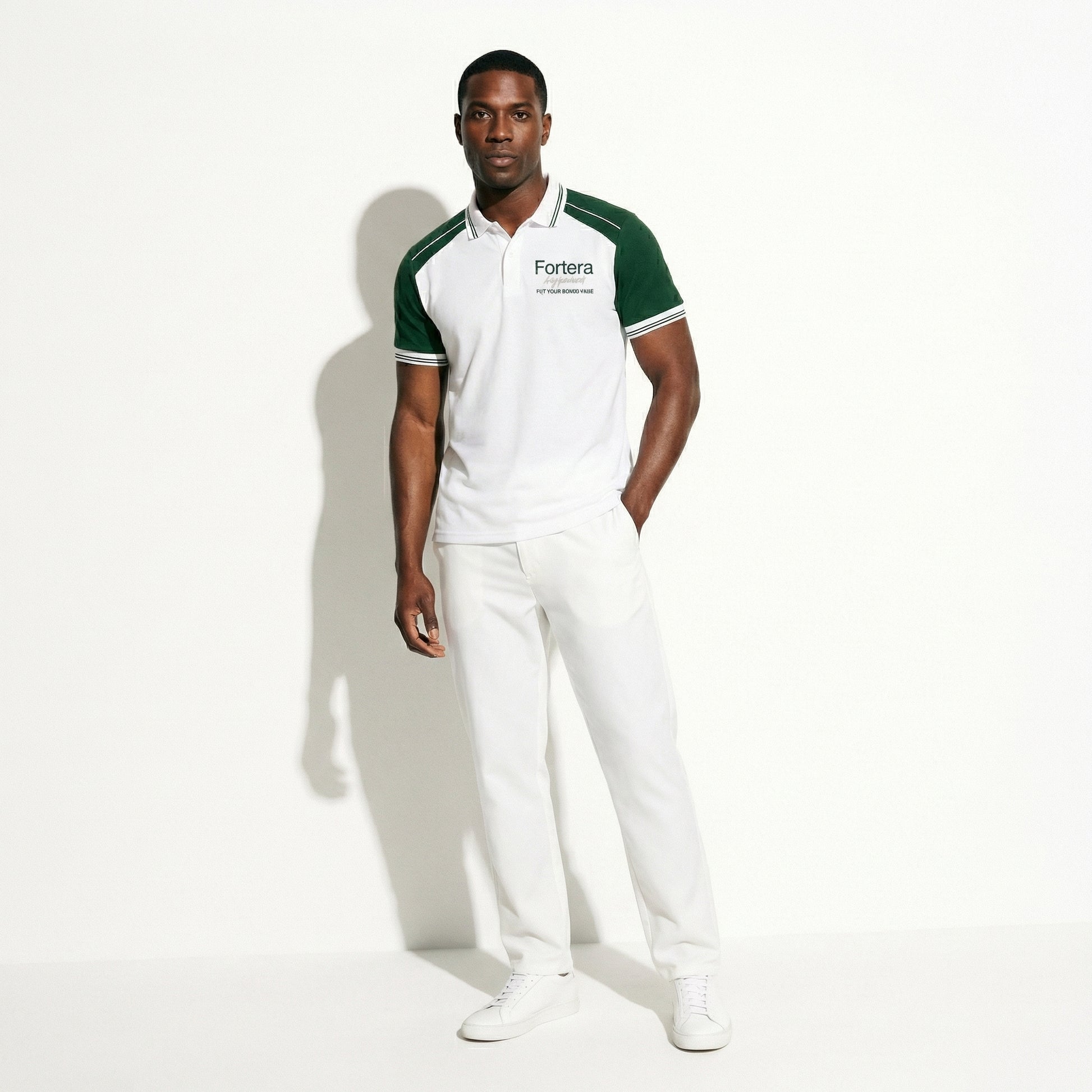 White moisture wicking polo uniform with forest green two-tone shoulder panel - detail close-up