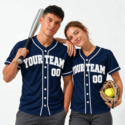 Navy Classic blank baseball jersey worn by a baseball player and a softball player