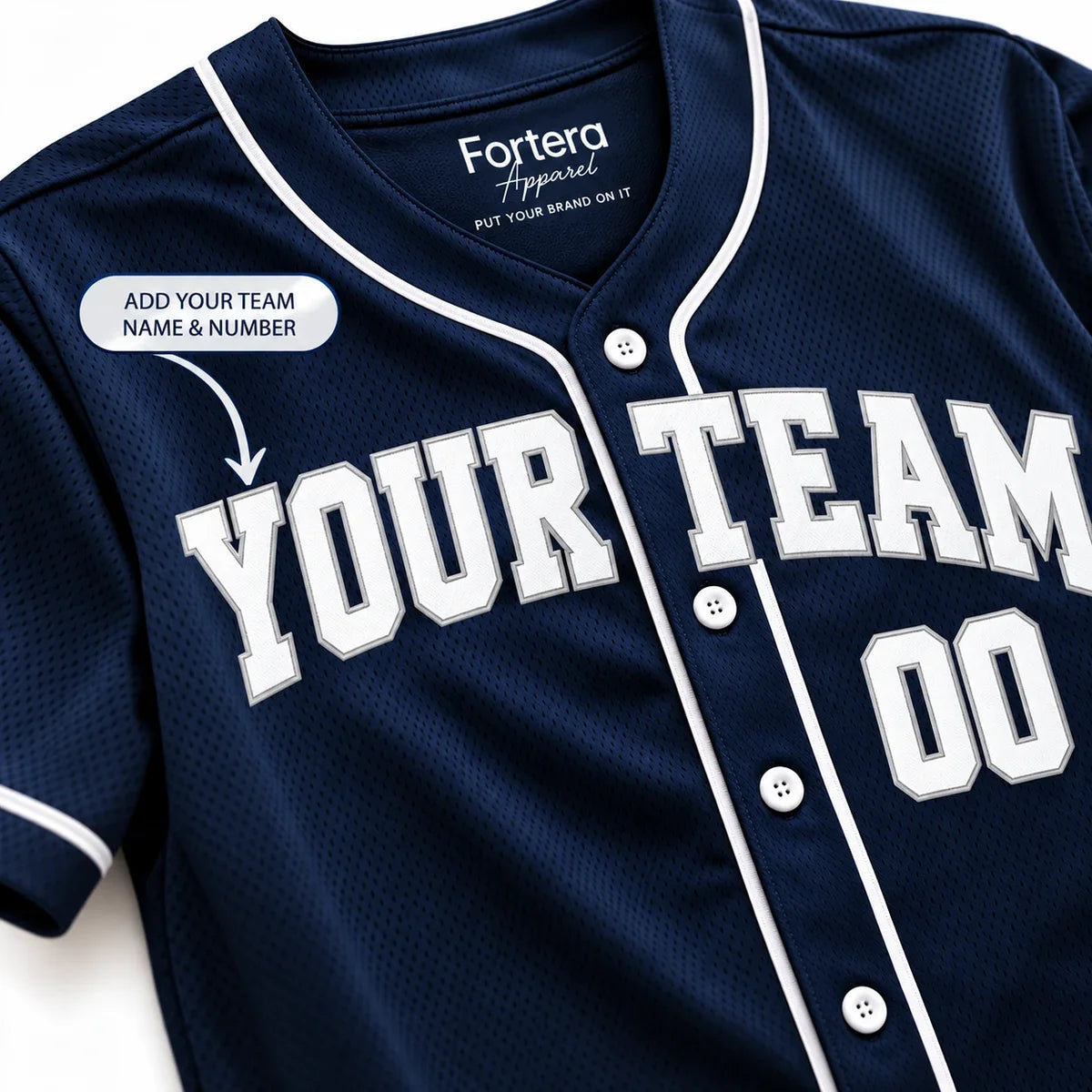Close-up of the Navy Classic blank baseball jersey lettering and piping