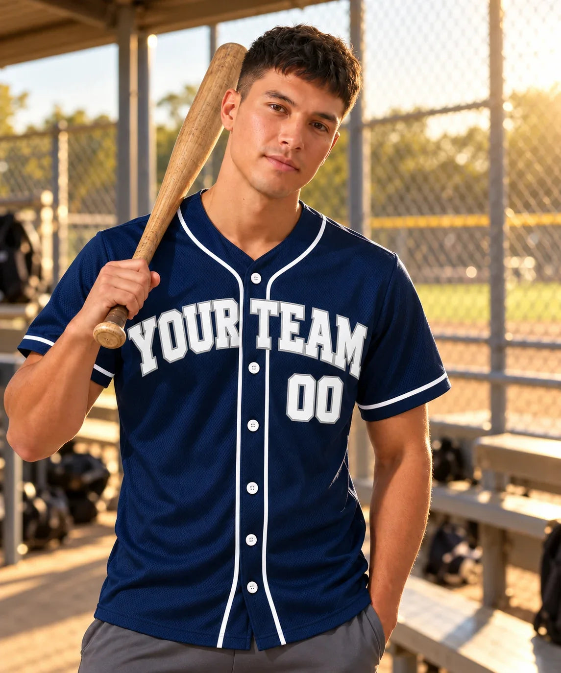 Navy Classic blank baseball jersey on a baseball field