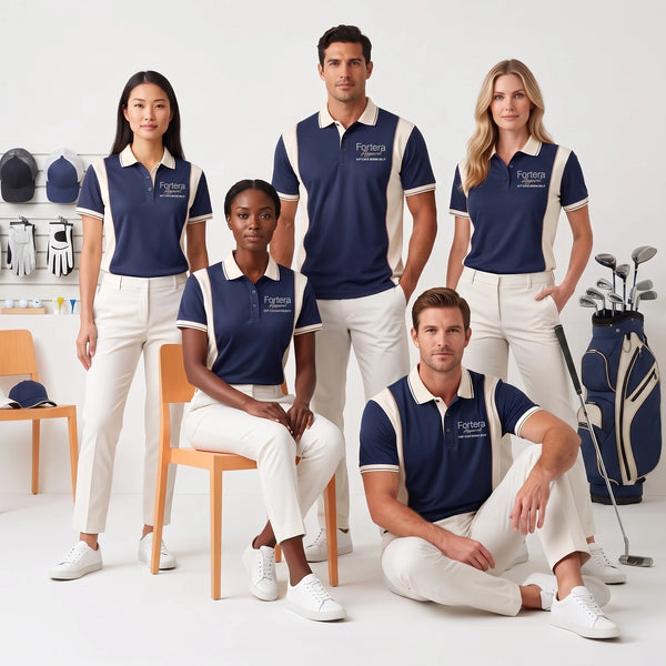 Sport team wearing matching navy color block moisture wicking polos