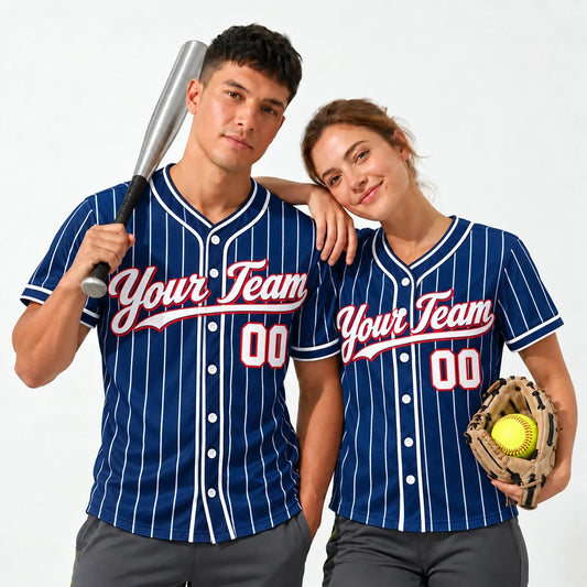 Navy Night Pinstripe pinstripe softball uniform worn by a baseball player and a softball player