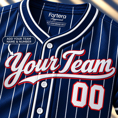 Close-up of the Navy Night Pinstripe pinstripe softball uniform lettering and piping