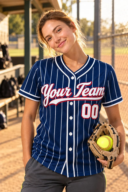 Navy Night Pinstripe pinstripe softball uniform on a softball field