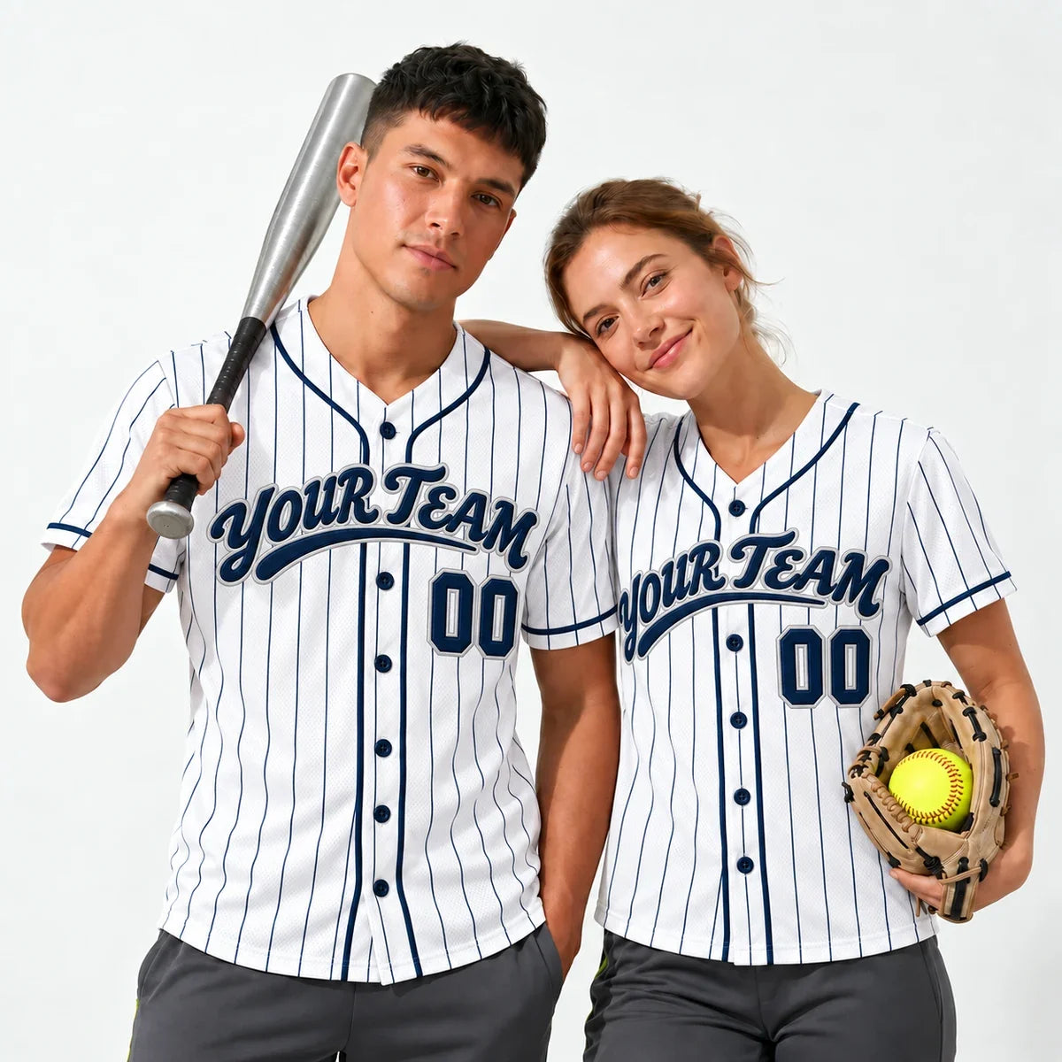 Navy Pinstripe pinstripe baseball jersey worn by a baseball player and a softball player