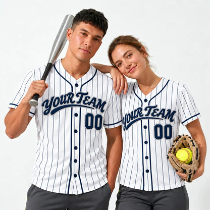 Navy Pinstripe pinstripe baseball jersey worn by a baseball player and a softball player