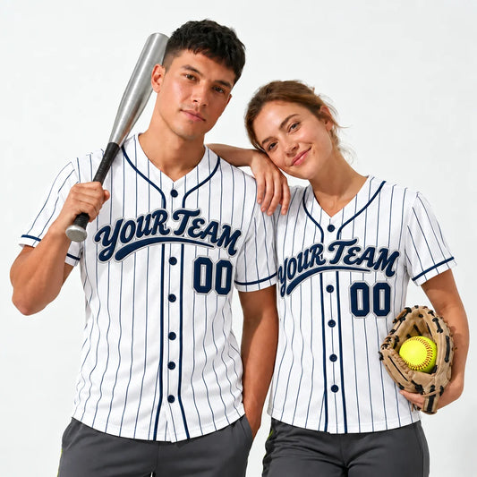 Navy Pinstripe pinstripe baseball jersey worn by a baseball player and a softball player