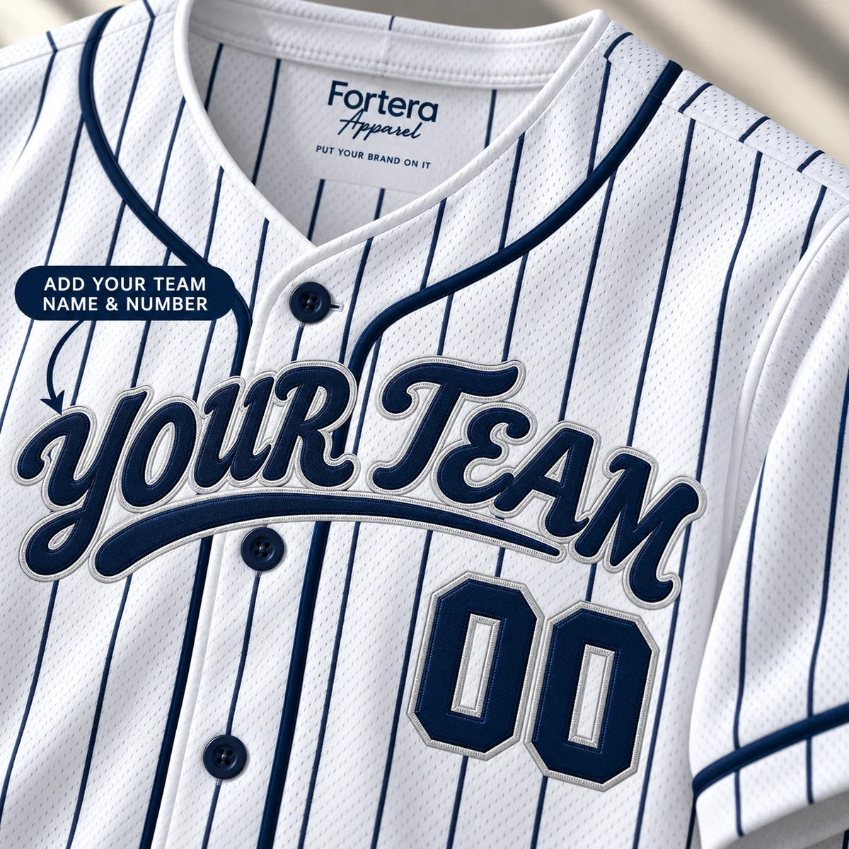 Close-up of the Navy Pinstripe pinstripe baseball jersey lettering and piping