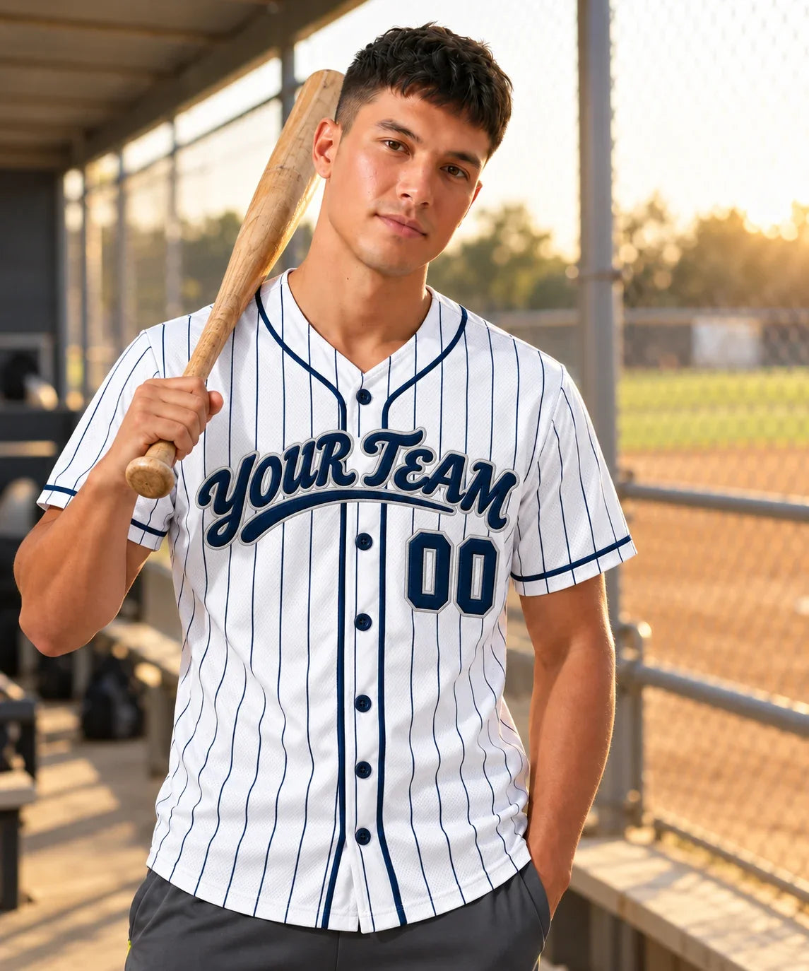 Navy Pinstripe pinstripe baseball jersey on a baseball field