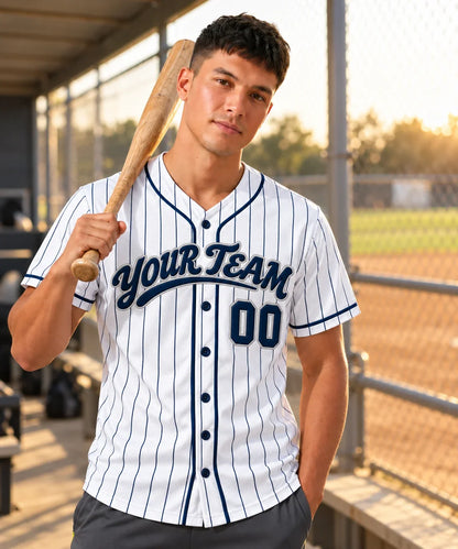 Navy Pinstripe pinstripe baseball jersey on a baseball field