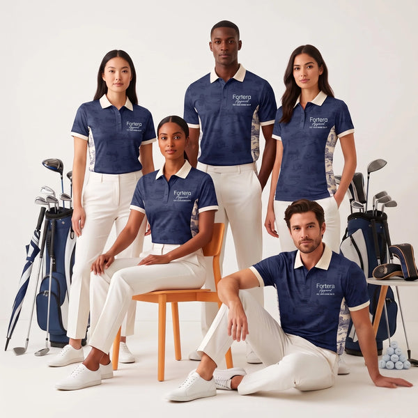 Team wearing matching navy all over print custom polo shirts
