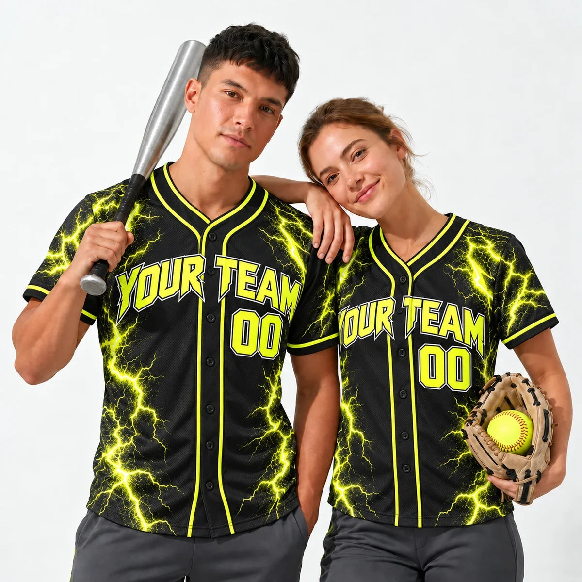 Neon Bolt slowpitch softball jersey worn by a baseball player and a softball player