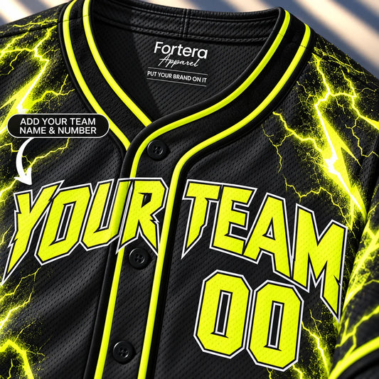 Close-up of the Neon Bolt slowpitch softball jersey lettering and piping